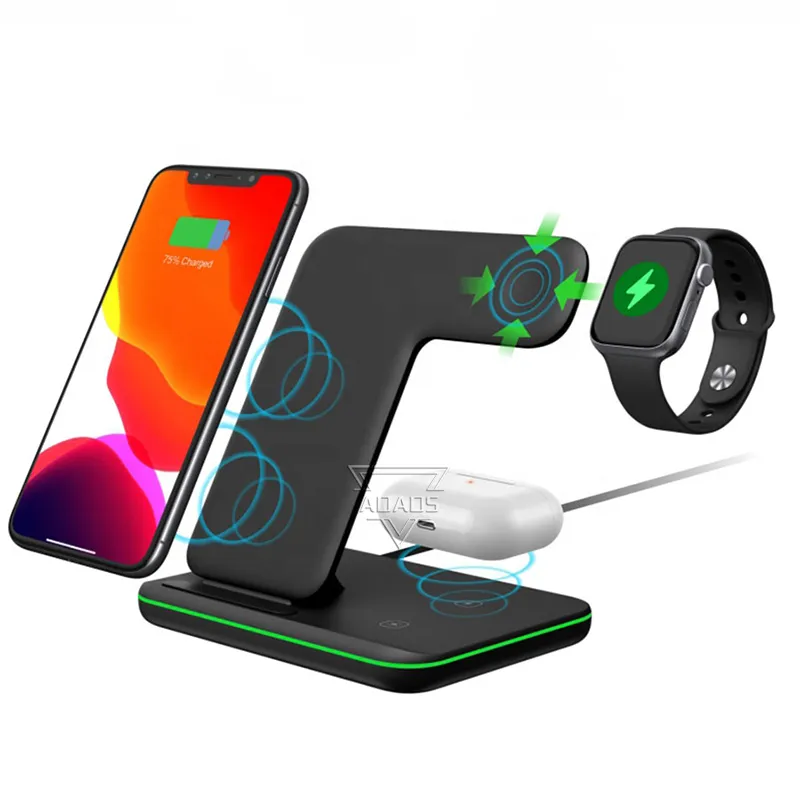 Universal 3 i 1 Wireless Cellphone Charger Stand 15W Snabb Laddning Trådlös laddare för iPhone Watch AirPodPro hörlurar