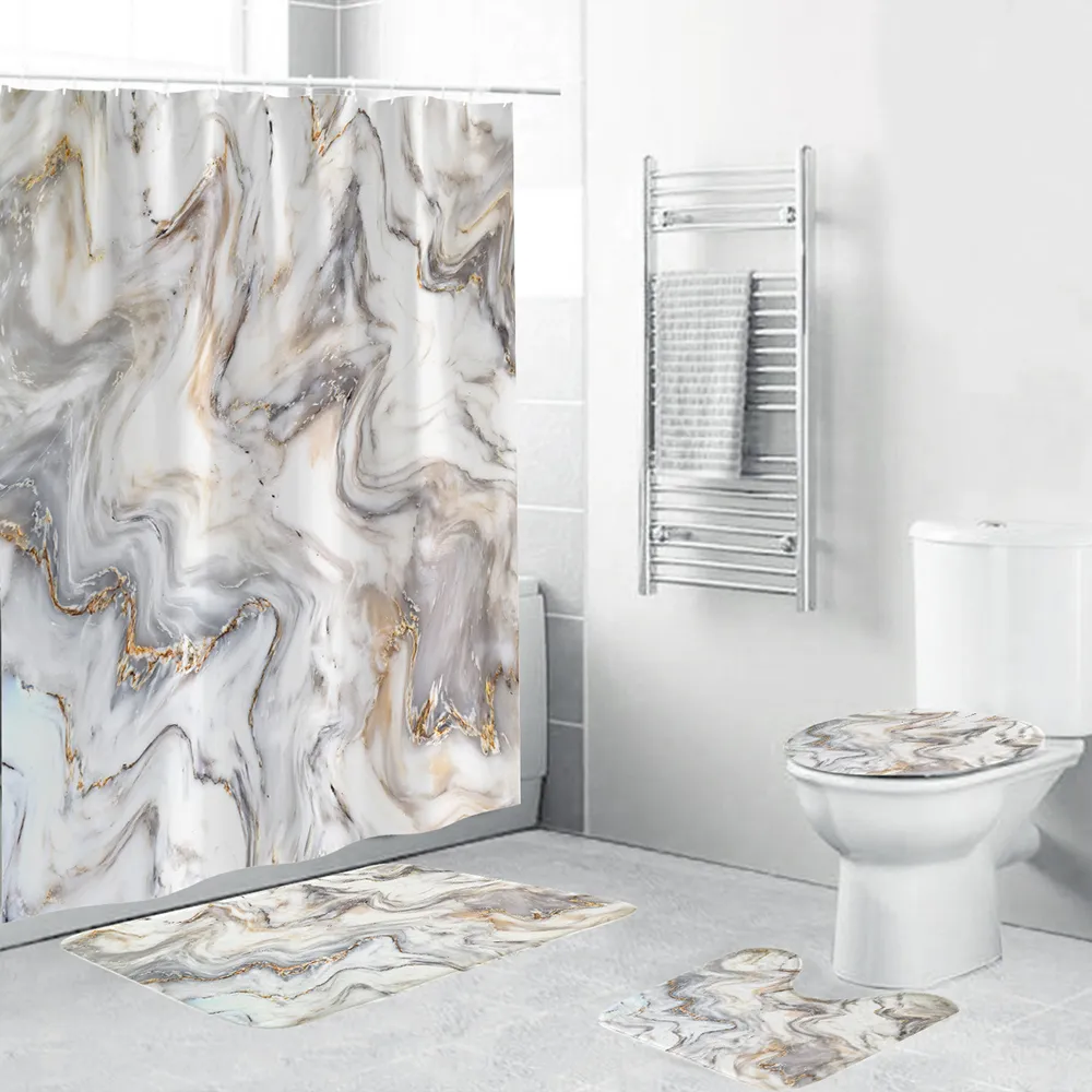 Marble Ink Texture Shower Curtain 4 Piece Soft Bathroom Set Luxurious Graphic Print Polyester Fabric with Hook 3 Size T200711