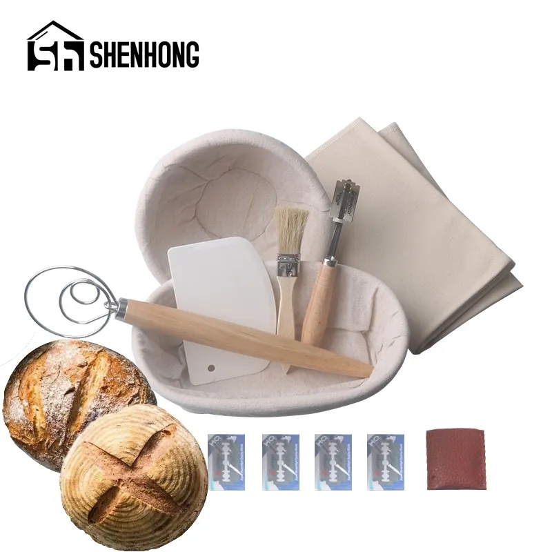 Shenhong Ciasto Fermentacja Rattan Basket 7 sztuk Kraj Chleb Baguette Banneton Brotform Proofing Proving Kosza Nóż Lniana Y200612