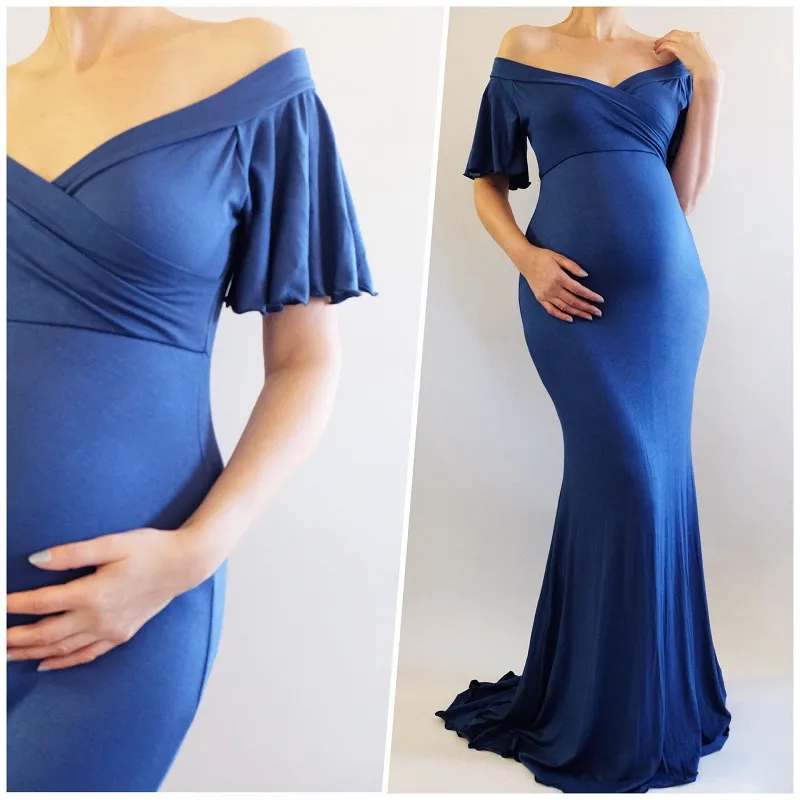 Maternity Photography Props Maternity Dress Short Sleeve Maternity Gown Dress Mermaid Style Baby Shower Dress V-Neck M2979