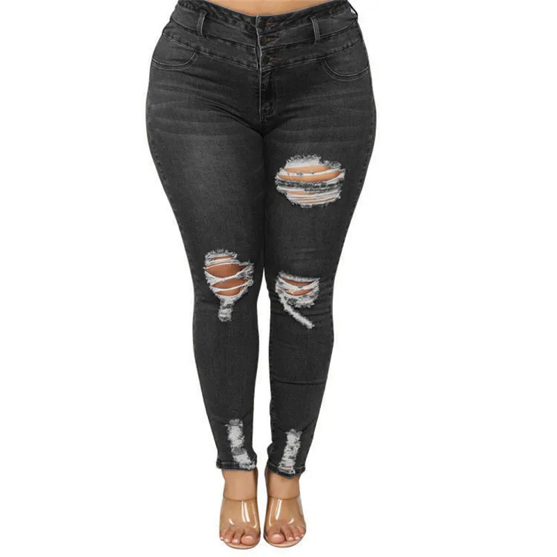 Plus Size Women Ripped Jeans High Waist Hole Skinny Denim Pants Casual Pencil Jeans Pants Hollow