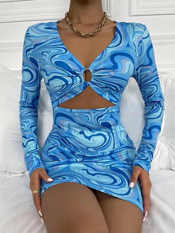 Blue Marble Print Ring Linked Peekaboo Front Bodycon Mini Dress with V-Neck  and Long Kimono Sleeves from Dhgate Basic & Casual Dresses - price 47.74