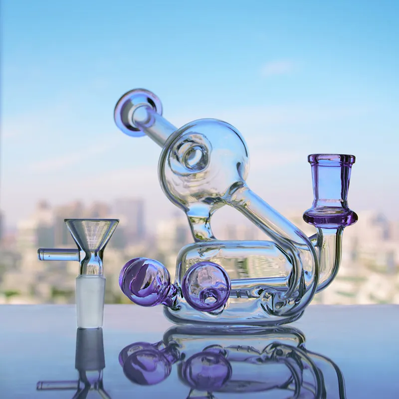 Purple Recycler Hookahs Glass Bong Inline Perc Water Pipe Dab Rig Pipe Rökning med 14 mm skål