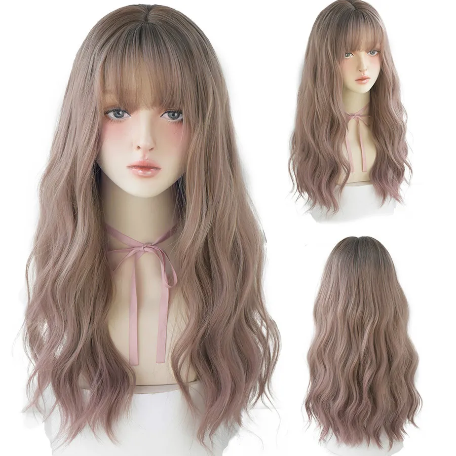 Harajuku Pink Brown Lolita Wig Long Two Colors Realistic Cosplay Wigs With Bangs For Women Wavy Wigs Synthetic Hair