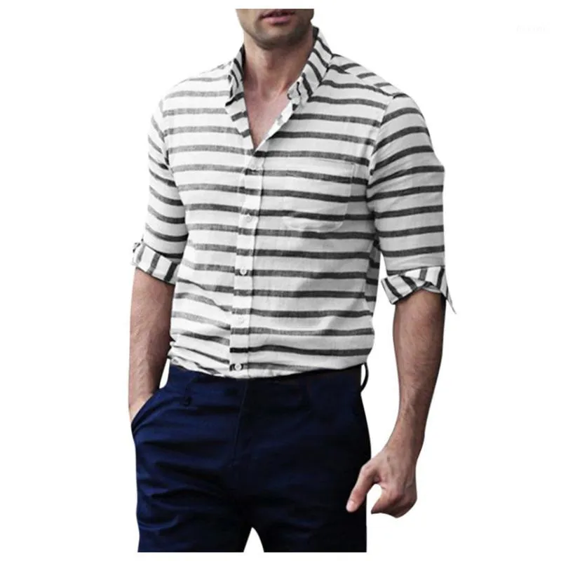 KLV Gömlek Erkekler Moda Dikey Çizgili Gömlek Slim Fit Uzun Kollu Gömlek Iş Rahat Düğme Eğlence Konforlu1