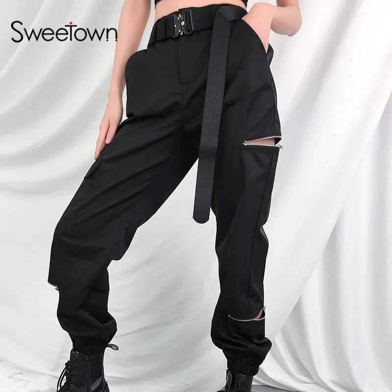 SHIPEET STRET STYLE CHIC HIPPIE Broek Dames Streetwear Summer Black Pockets Rits Open Hip Hop Hoge Taille Broeken T200223