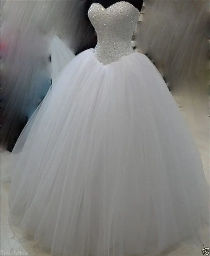 Sleeveless Sparkle Ball Gown Wedding Dresses Sweetheart White Tulle Floor Length 2019 Bridal Gowns Lace up Back Custom Made