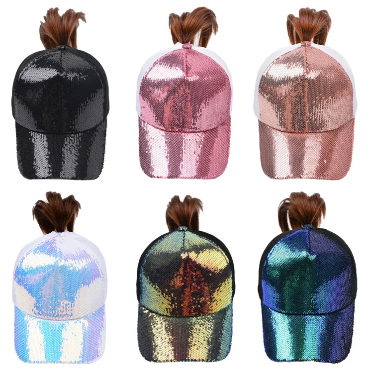 Party Sequins Hat Criss Cross Ponytail Hattar Kvinna Tvättade Net Caps Baseball Cap T10i154