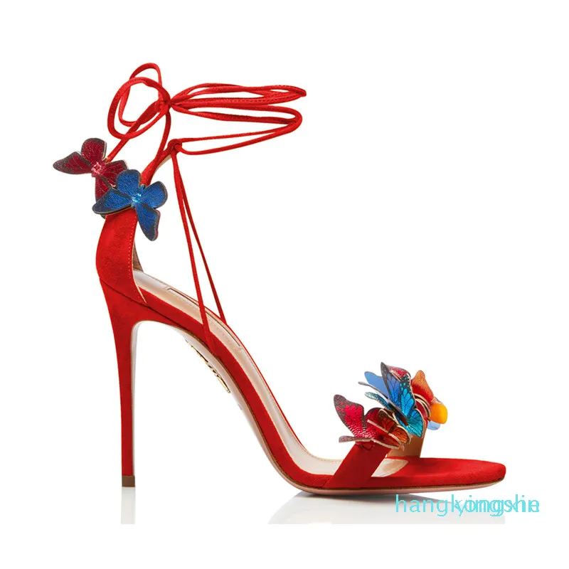 Yeni 2022Fashion Kadın Ayak Bileği Kayışı Sandalet Kırmızı Gelin Yaz Düğün Ayakkabı Kelebek Dekor Yüksek Topuklu Balo Altın Sandalias Pompalar