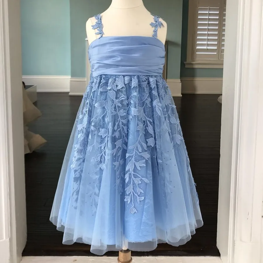 Light Blue Pageant Dress for Preteen Teens Juniors 2021 Bow A-Line Straps Long Flower Girl Gown Lace Formal Party Birthday SH Backless