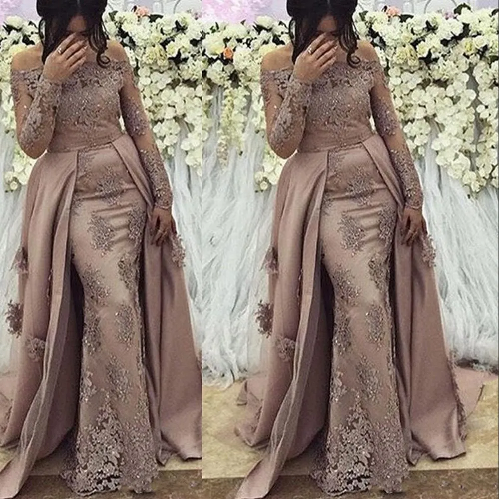 2023 Sexy Arabic Evening Dresses Wear for Women Off the Shoulder Mermaid Long Sleeves Overskirts Lace Crystal Beaded Formal Prom Party Gowns