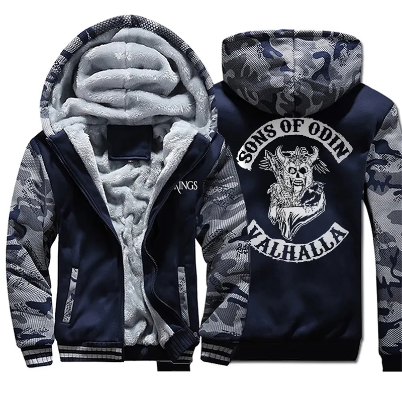 Творческий узор Сыновья Odin Valhalla Hoodies Мужской Зима Камуфляж Рукав Куртки Стильные Теплые Пальто улицы Harajuku Y201001