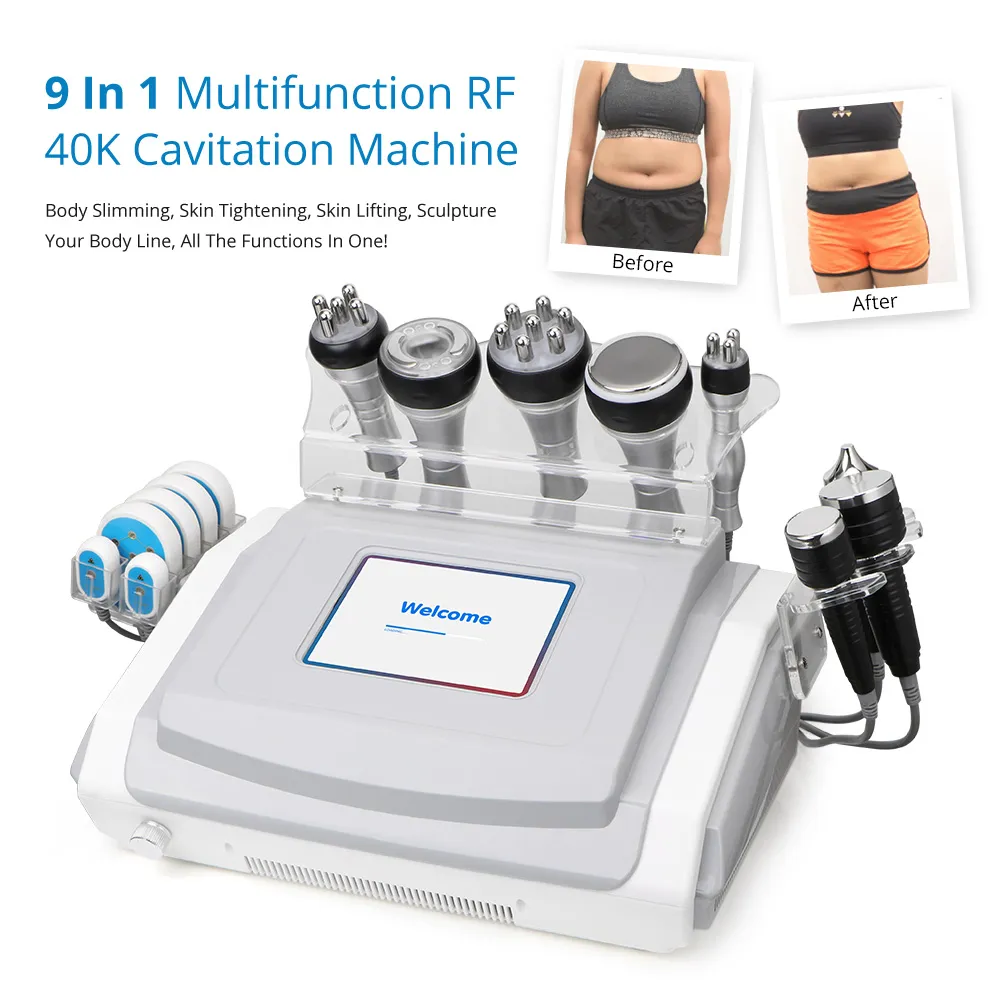 الفنية 9 في 1 التجويف آلة RF يبو شفط الدهون إزالة مدلك الجسم البطن معدات التخسيس
