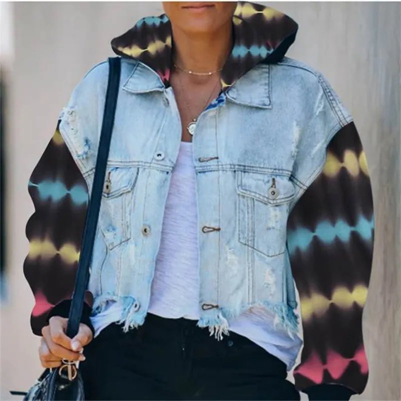 Femmes Tie Dye Hooded Automne Denim Vestes Trou Manches Chauve-Souris Patchwork Poche Manteaux Femme Mode Streetwear Lady Tops 201106