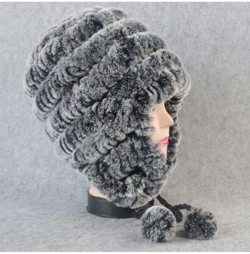 Women's Rex Rabbit Fur Earflap Beanie – Knitted Winter Hat With