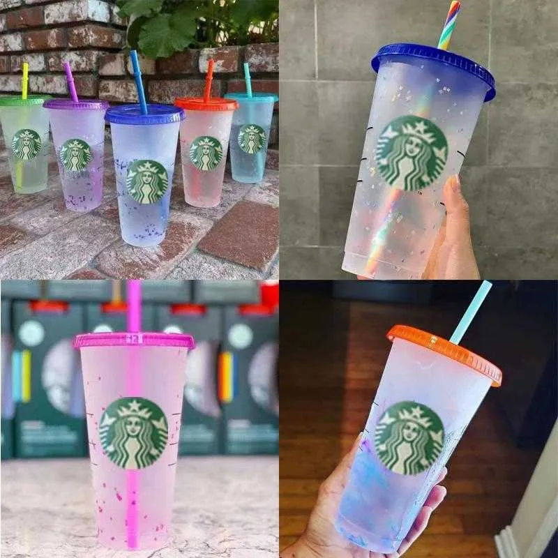 Starbucks Cups Kahve Tumbler 710ml 24oz Renk Değiştirme Kupalar Özel Kapakları ve Payet ile Satılık Confetti Şeffaf Yassı Içme Dairauu2auu2