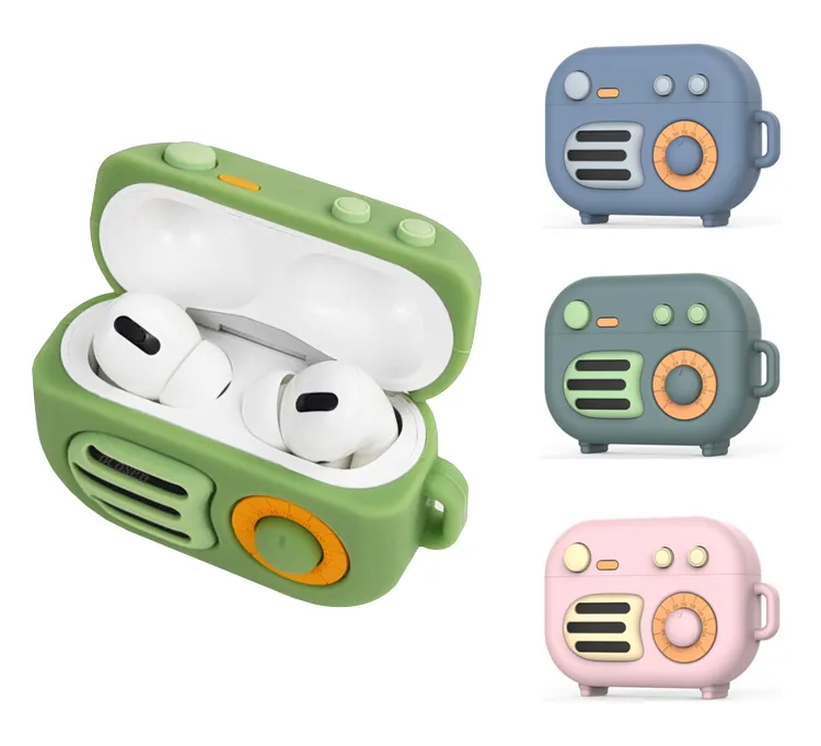 AirPods Pro 3 세대 만화 레트로 라디오 세련된 Shockproof Shockproof 소프트 실리콘 케이스 Conquewards 끈 끈 카라비너