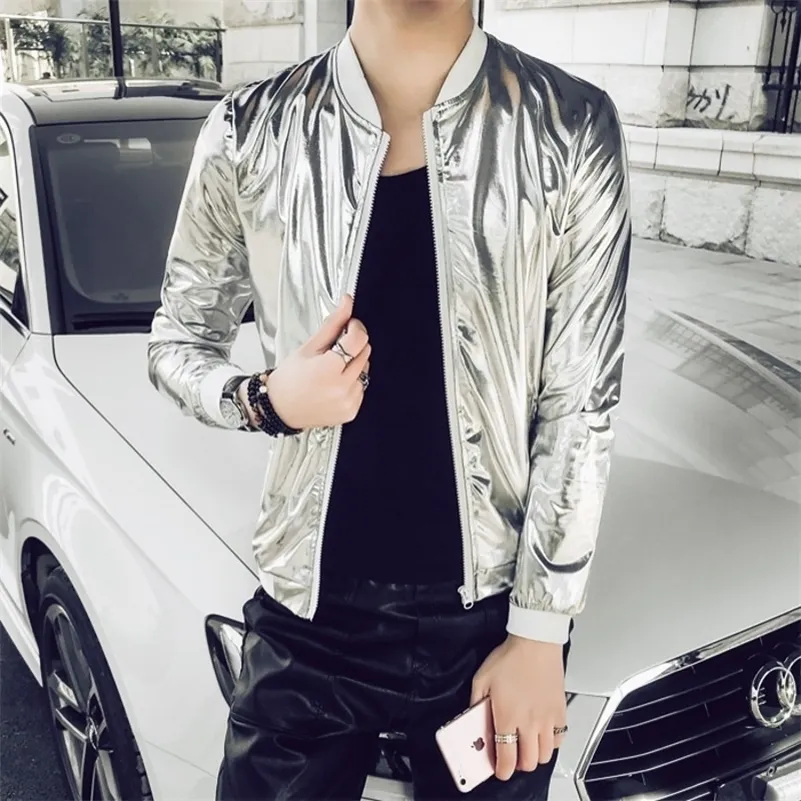 2020 neue Mode Jacke Männer Silber Glänzender Stoff Hip Hop Streetwear Slim Fit Stretch Bühne Tanz Kleidung Plus Größe LJ201013