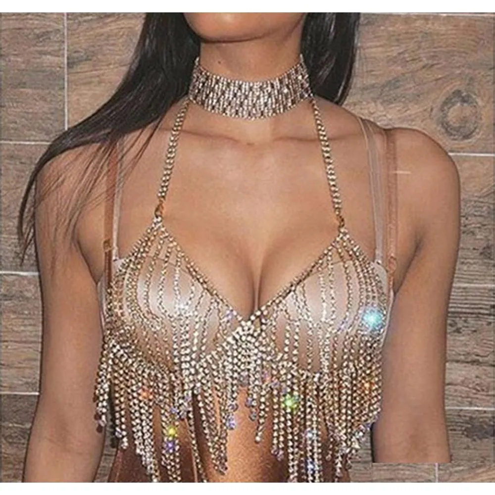 sexy women nightclub bling rhinestones party body chain jewelry bikini waist gold belly beach harness slave necklace bra cami tops vest