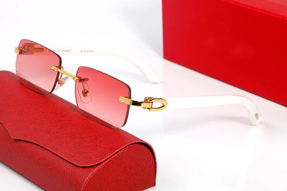 Designer Sunglasses Polarized UV Protection Red Frameless Buffalo Horn Glasses Stylish Wooden Bamboo Organizer