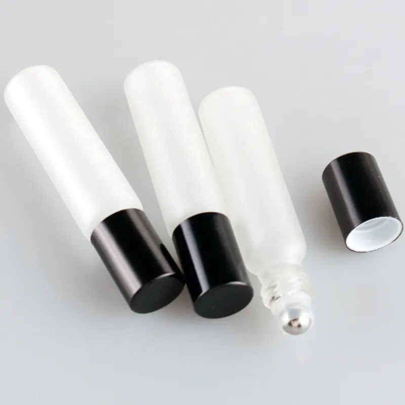 100Pieces/Lot 10ML Frosted Glass Roll on Perfume Bottle With Black Cap For Essential Oils Empty Cosmetic Vial Steel Beads