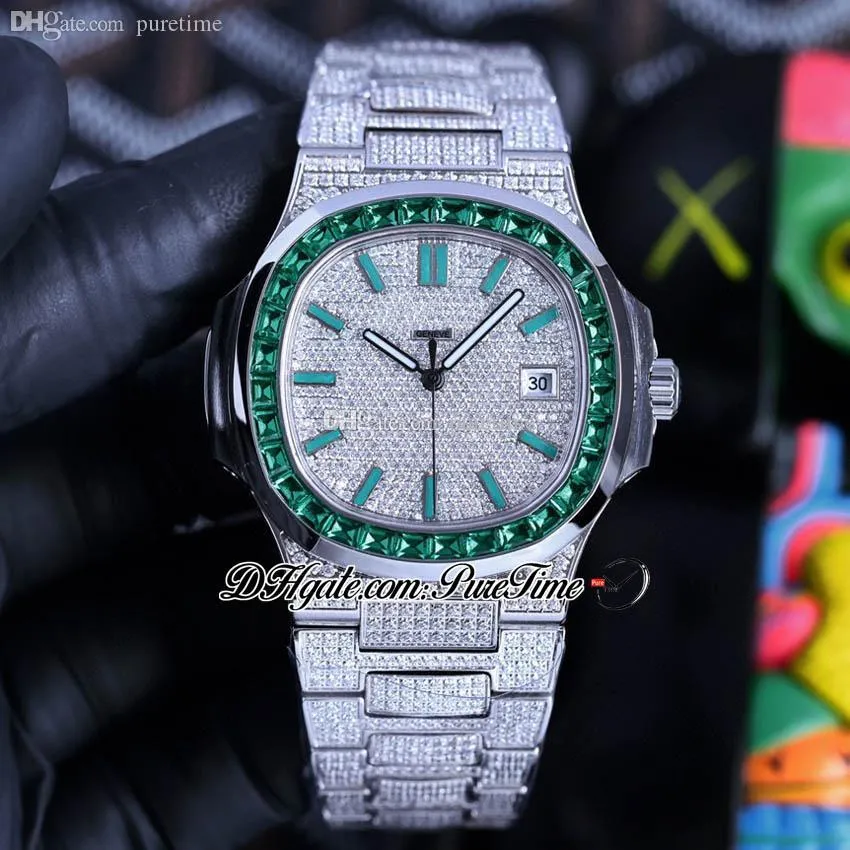 Twf Green Gem Pasted Diamonds 5719 PP324 A324 Автоматические мужские часы Палочка для часов полностью со льдом из алмазного браслета из нержавеющей стали Super Edition ювелирные часы PureTime E5