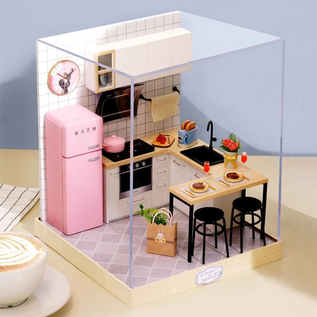 1:24 Wooden Dollhouse Miniatures DIY Kitchen Kit with Dust Cover & LED Light