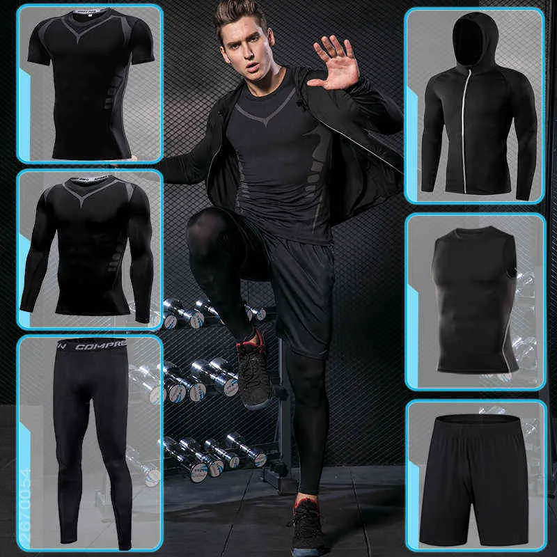 Men's Tight Sports Suit Gym Fitness Compression Tracksuit Running Sport Set Jogging Sportwear Workout Sports Clothing Rash Guard Y1221