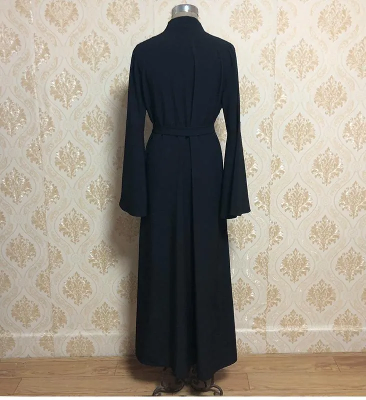 Musulman Nouvelle Mode Abayas pour Femmes V-cou Lâche De Base Noir Robe Musulmane Femmes Manches Complètes Taille Ceinture Ouvert Abaya Sans Hijab333S