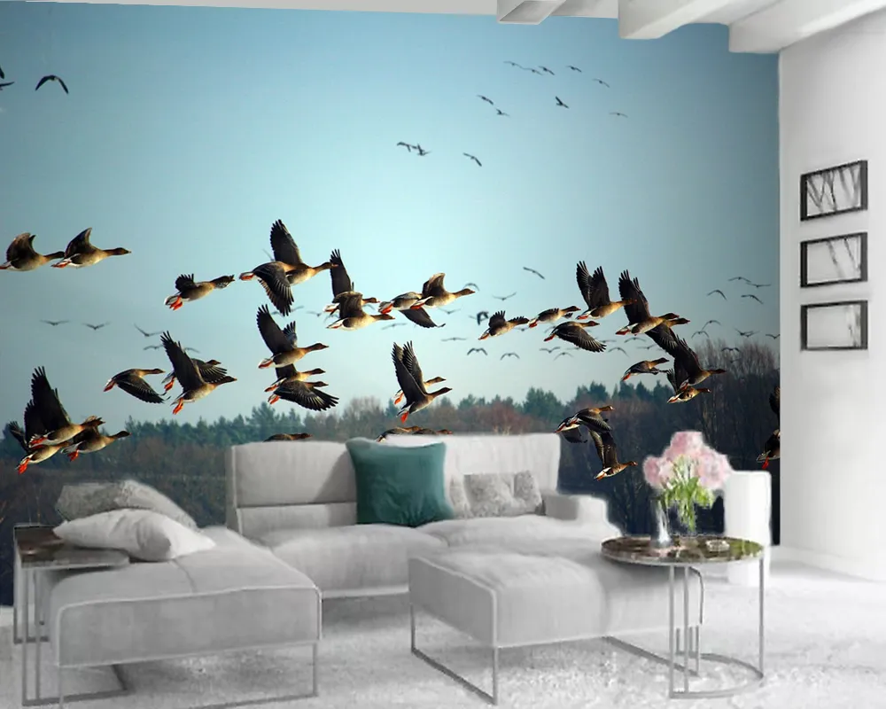 3d maison papier peint 3d moderne salon papier peint troupeau d'oiseaux volants paysage romantique décoratif soie 3d papier peint Mural