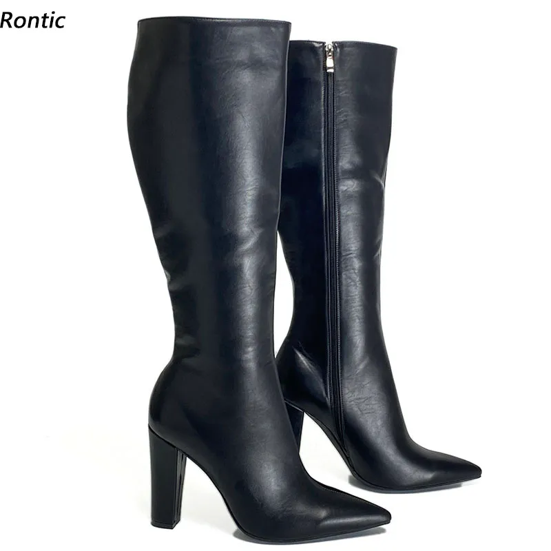 Rontic Handmade Women Winter Knee Boots Unisex Stiffi Matt PU Block Heels Pointed Toe Elegant Black Party Shoes US Size 5-15