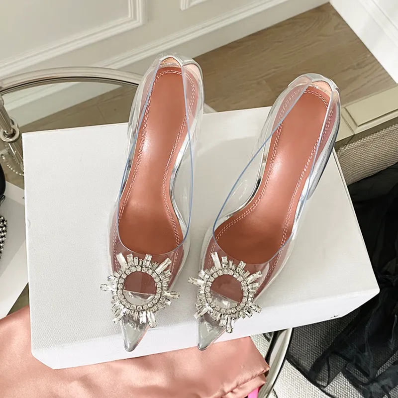 Top quality Womens Dress Shoes fashion Transparent PVC sunflower Rhinestone buckle Crystal heel pumps designer sexy pointed toes Wedding Party heeled shoe with box