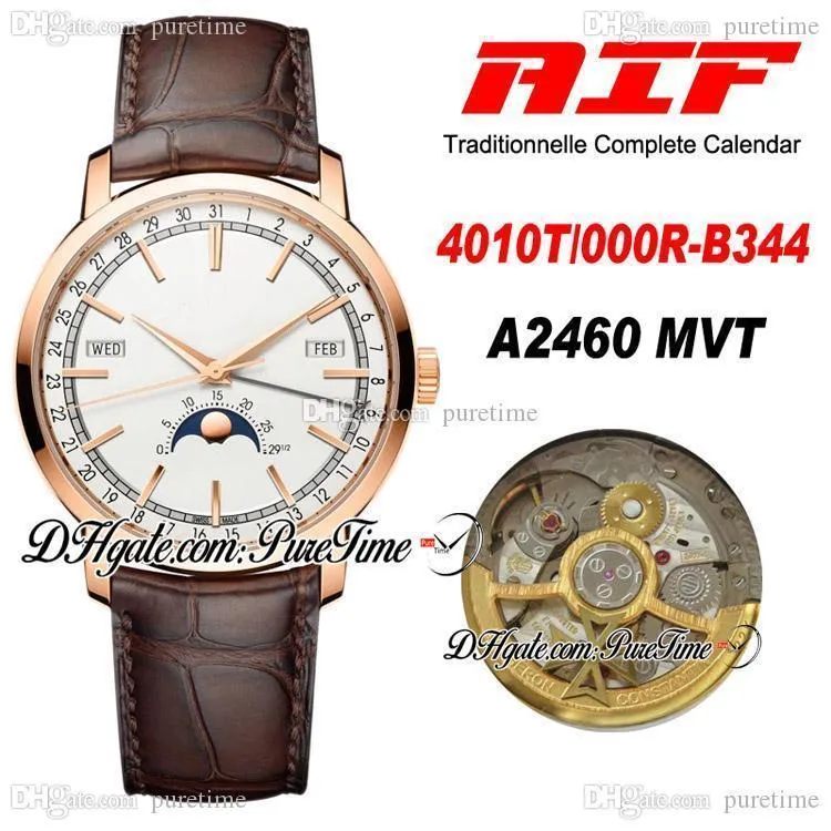 AIF Traditionnelle Complete Calendar 4010T V2460QC Automatyczny Zegarek Mens Rose Gold Silver Dial Moon Phase Brown Leather Best Edition Puretime