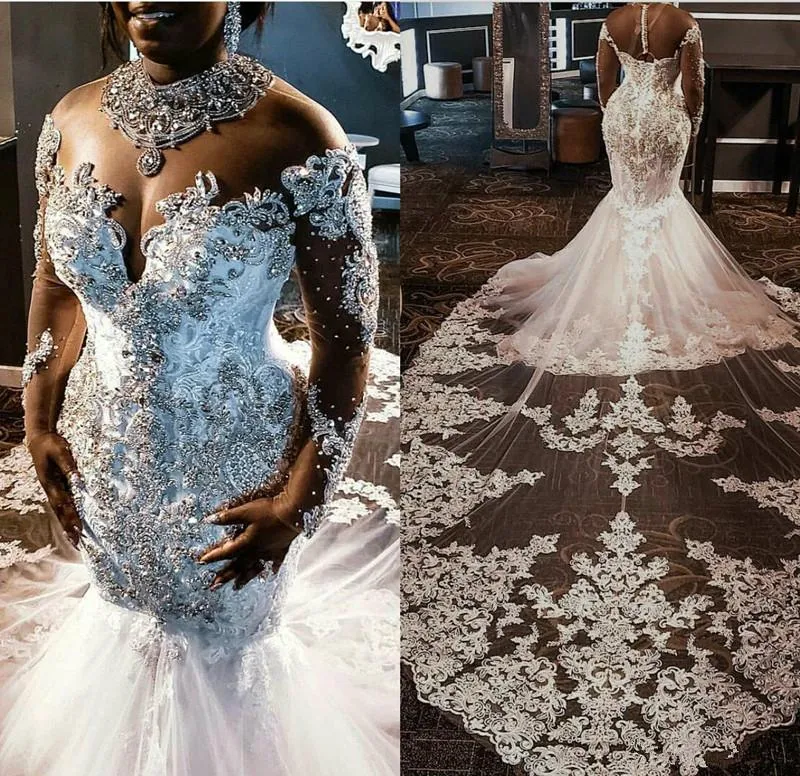 Luxury Crystals Mermaid Wedding Dresses 2021 High Neck Sheer Illusion Chapel Train Lace Applique Beaded Wedding Gown Vestido de novia