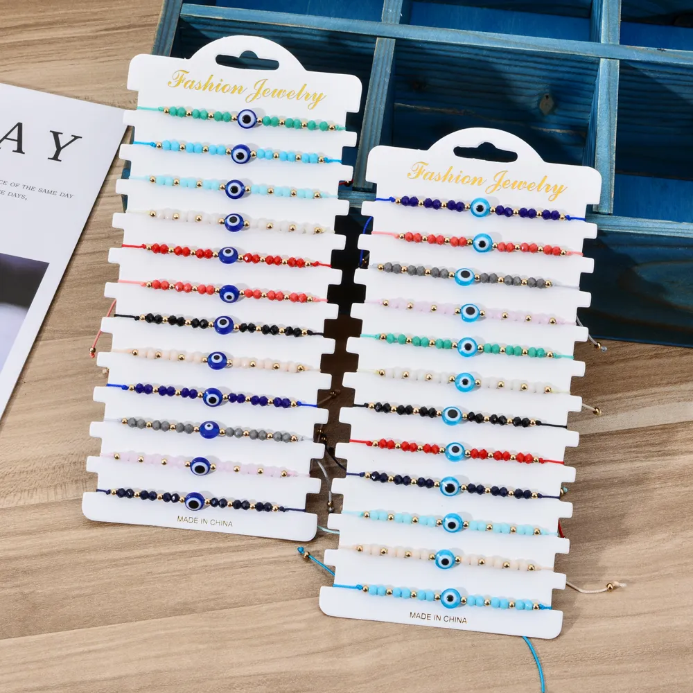 12pcs / set Turquia Blue Evil Eye Bracelet Mulheres Handmade Woven Rope Cadeia Contas de Cristal Pulseiras festa de aniversário da menina de jóias presente