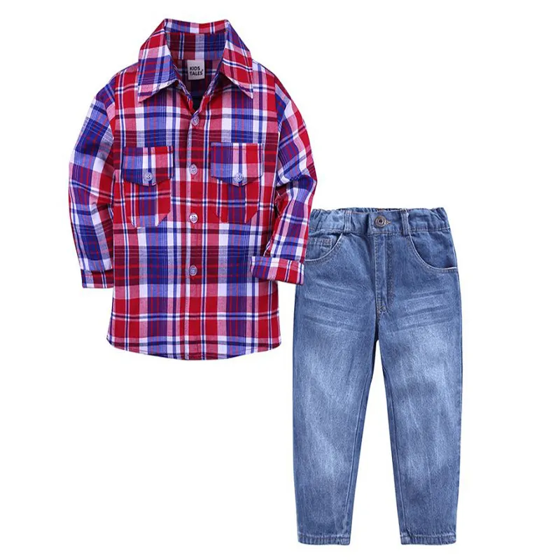 fashion 2-7Y Children clothes Long sleeve red blue plaid blouse+jeans 2 piece clothing Suits gentleman kids boy clothes