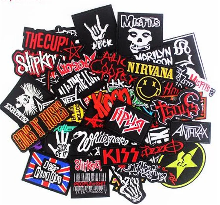 50 pièces beaucoup de patchs en tissu de repassage mixte bande Rock musique Badges Punk autocollants brodés pour veste jean bricolage Applique