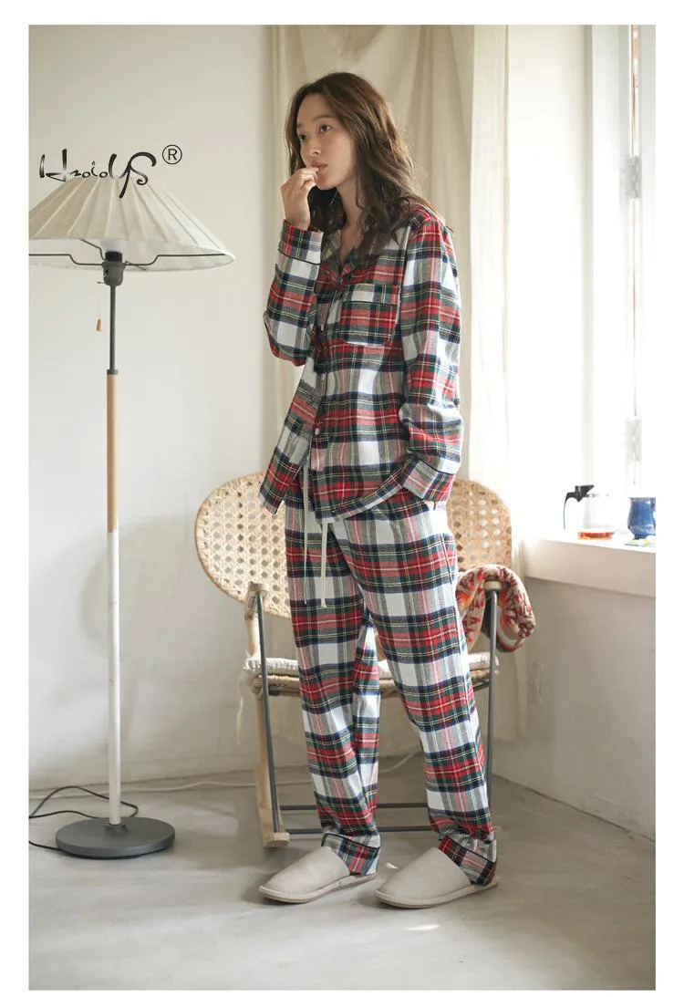Plaid Print Couple Pajamas Set Autumn And Winte Warm Cotton Women