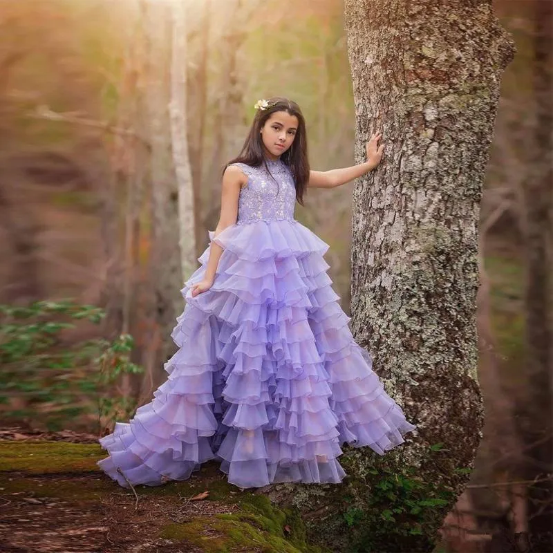 Belle princesse mariage fleur filles robes dentelle sans manches Pageant enfant en bas âge robes à plusieurs niveaux Organza longue robe d'anniversaire 2020