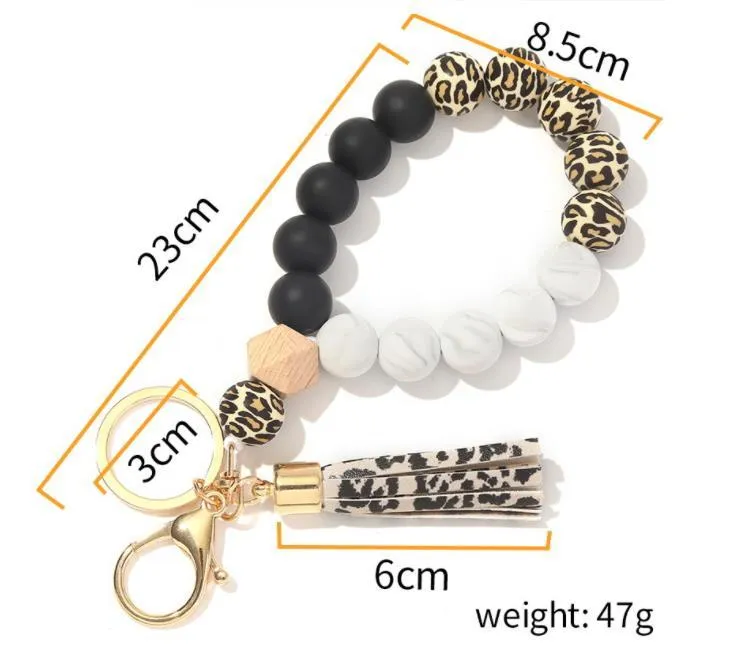 Party Favor Wooden Tassel Bead String Bracelet Keychain Food Grade Silicone Beads Bracelets Women Girl Keyring Wrist Strap SN3134