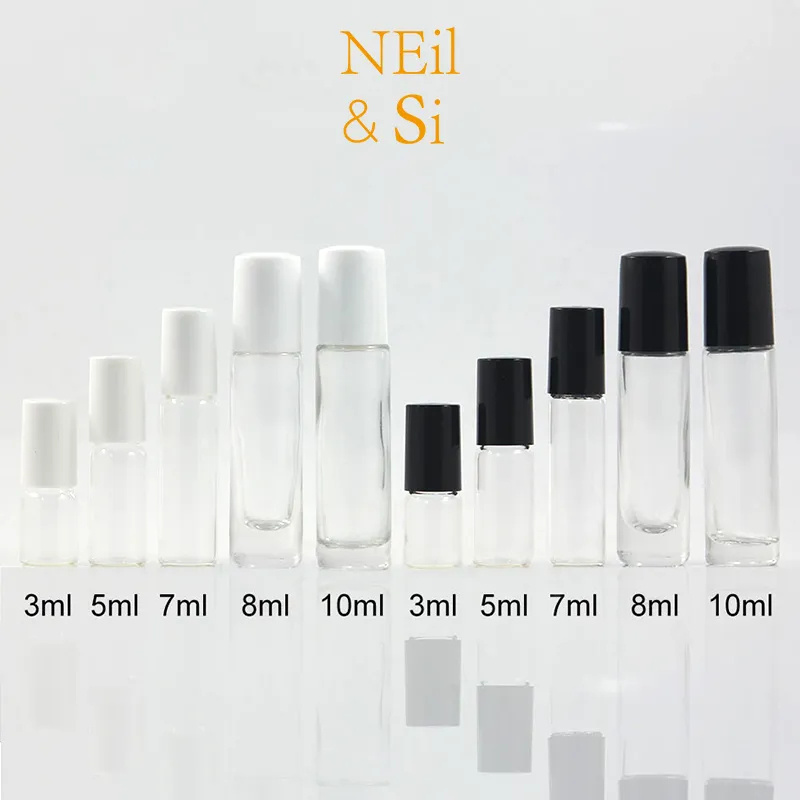 Gratis verzending 3 ml / 5 ml / 7ml / 10ml transparant glas parfum roller fles cosmetische make-up essentiële oliemassage rol op flessen