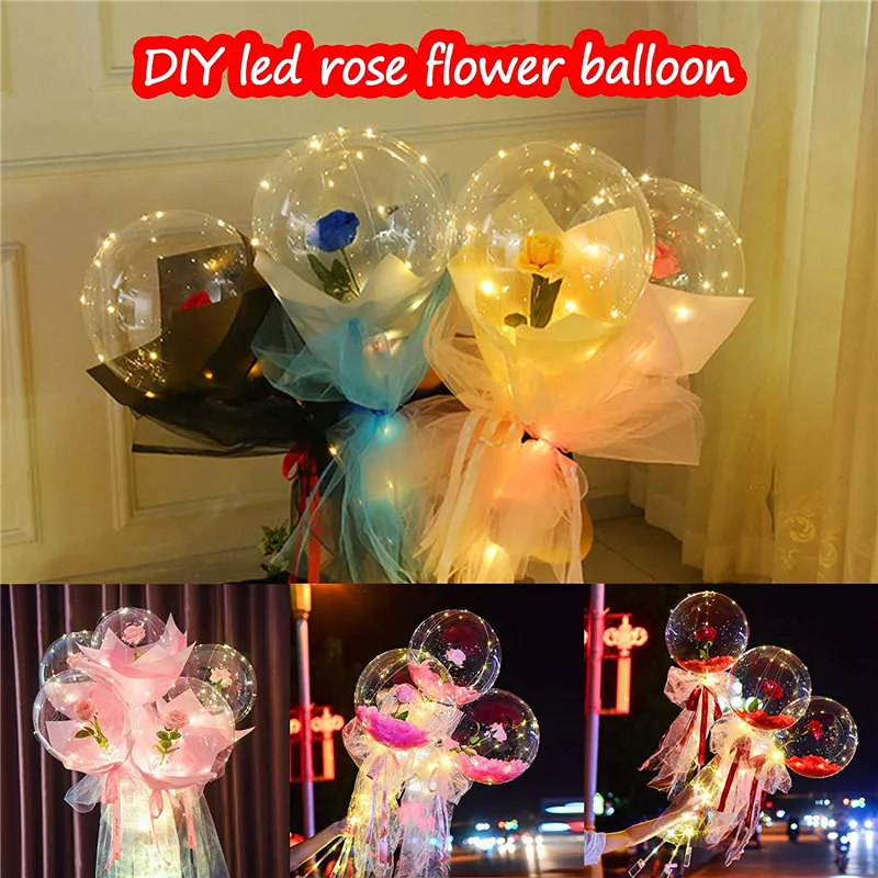 Valentines Day LED Balloon Light Luminous Bobo Ball Flashing led lights Rose Bouquet Rose Gift Balloon for Birthday Party Wedding Decoration