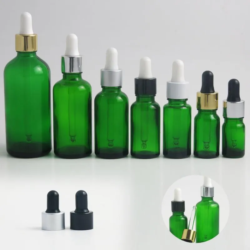 Promoção!! 20pcs 5 10 15 15 20 50 100 ml Garrafa de vidro verde com gotas de pipeta e óleo essencial líquido frascos de perfume