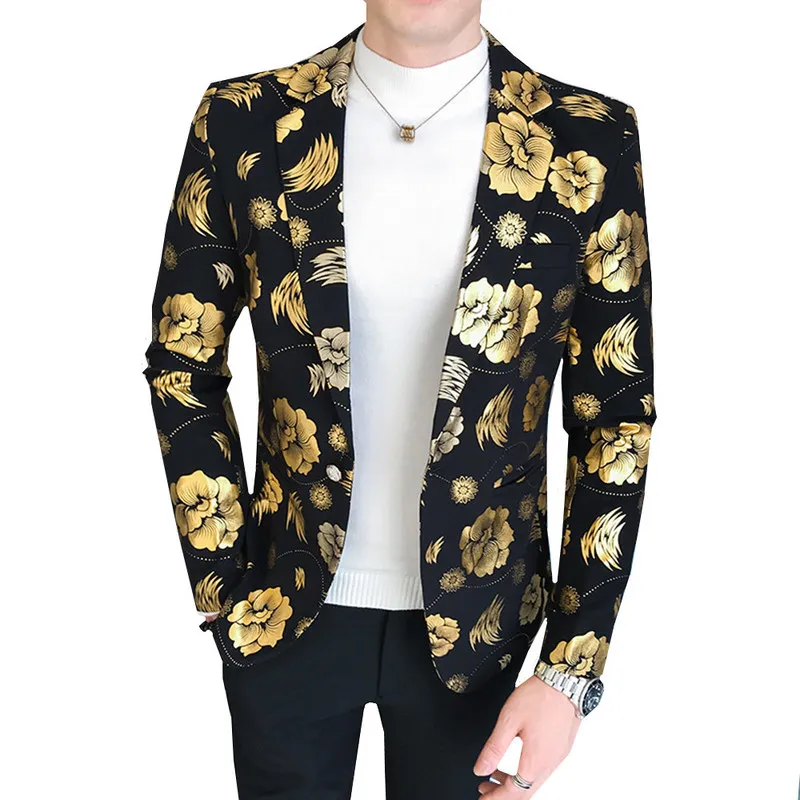 Tuxedos män Slim Fit Floral Blazer Jacket Suit Trend Print Flowers Fashion Male Party Formal Dress Silver Gold Blazers 220310