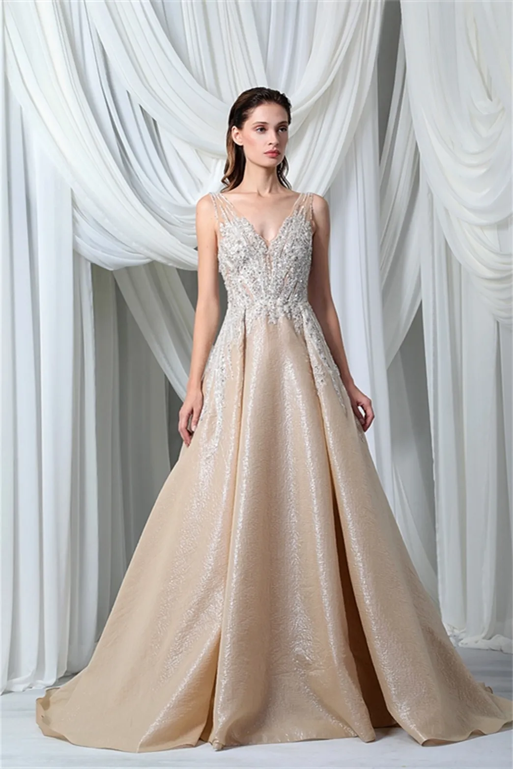 Custom Made V Neck Champagne Shimmer Evening Gown... From Newdeve, $262.27  | DHgate.Com