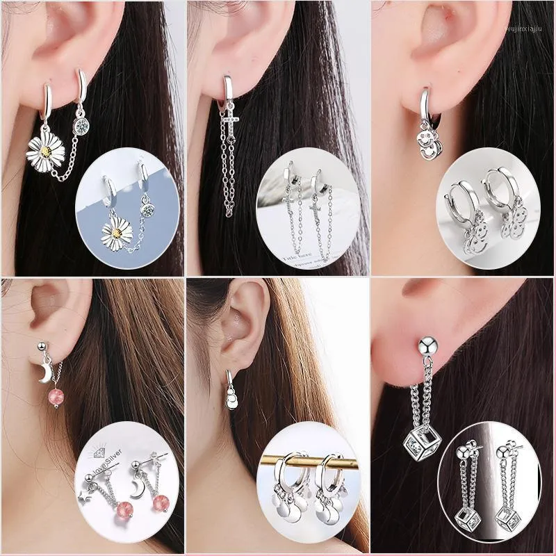 Hoop Huggie Lange Oorbellen voor Vrouwen 925 Sterling Zilver Daisy Flower Cross Moon Earring Mode-sieraden