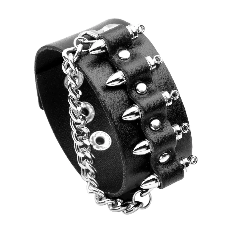 Popular Hip Hop Rap Singer Style Alloy Bullet Charm Bracelet Wide Black Brown Leather Bracelets for Men Gift