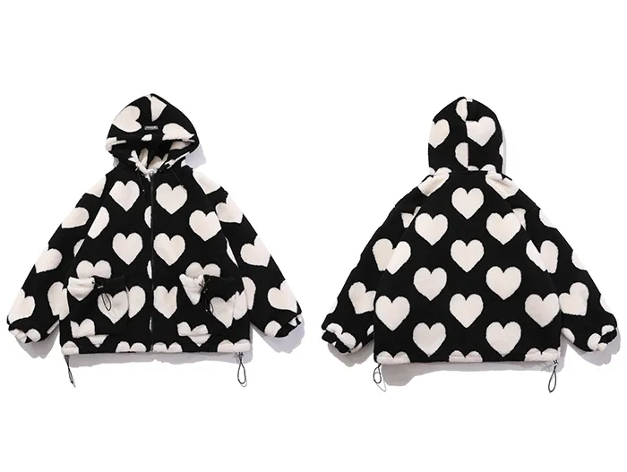 Womens Hip Hop Flannel Parka With Full Print Heart Design