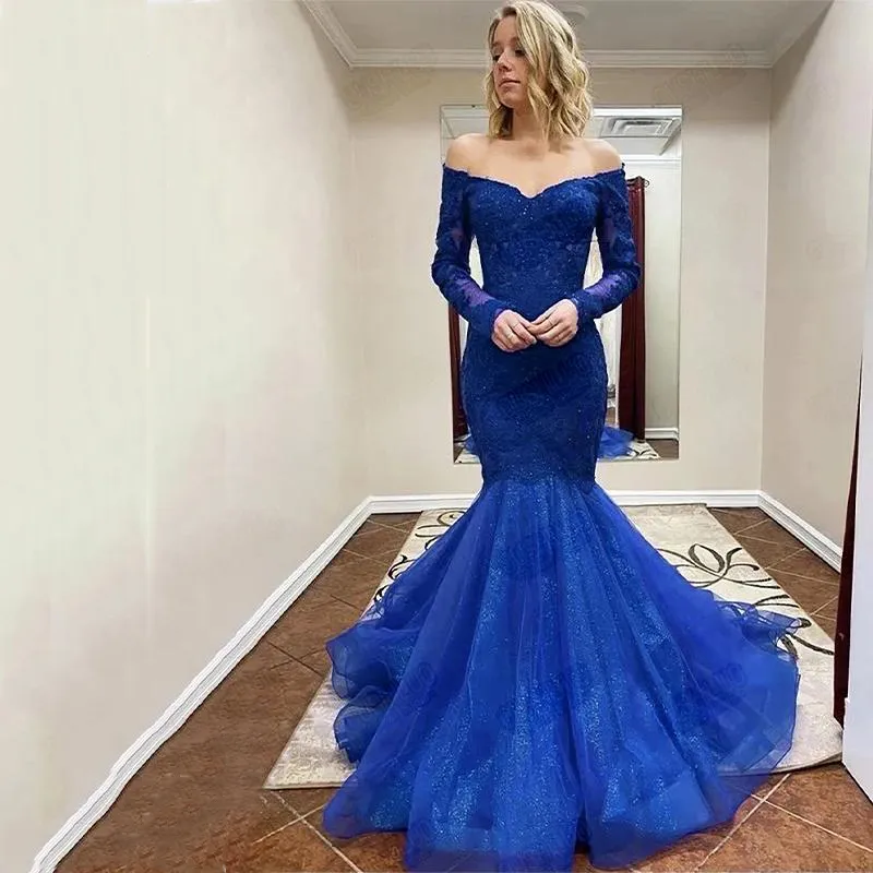 Royal Blue Off Shoulder Long Sleeves Lace Mermaid Prom Dresses 2021 with Appliques Sweep Train Formal Evening Party Gowns