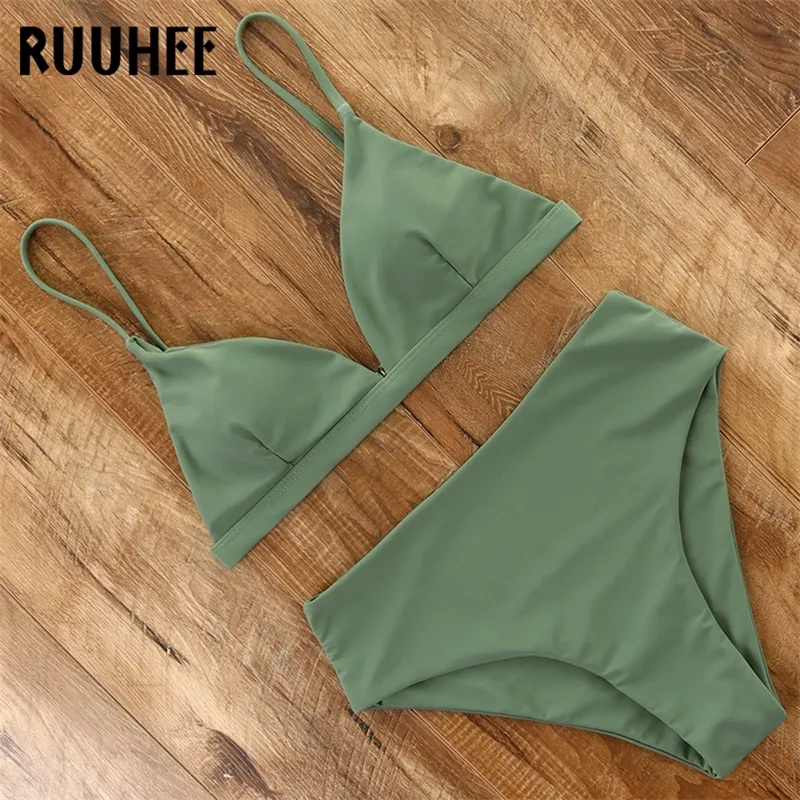 Costume da bagno bikini Costume da bagno donna Costume da bagno solido Verde Neno Bikini Set con imbottitura Costume da bagno femminile a vita alta Biquini T200508